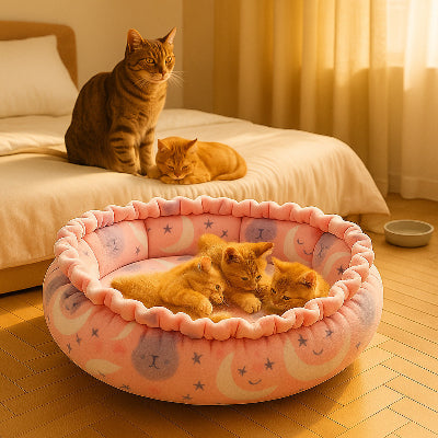 félin adulte sur un lit surveillant ses petits dans le coussin à chat familiale rose situé au pied du lit