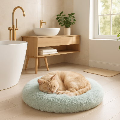 félin se reposant sur son coussin chat vert