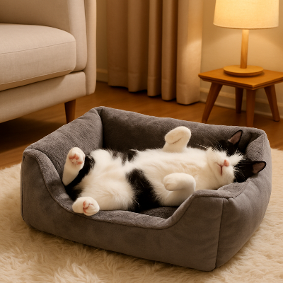 félin noir et blanc dormant sur le dos dans son lit chat gris