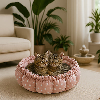 chatons installés dans le coussin à chat rose