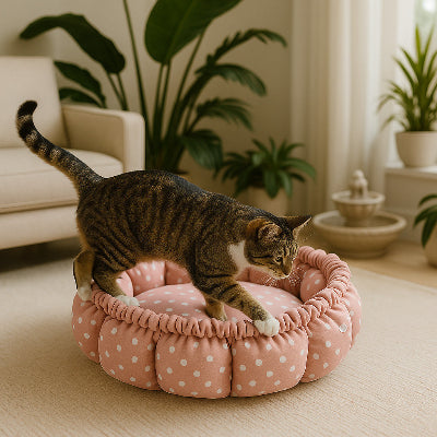 chat s'installant dans le coussin à chat ultra moelleux rose