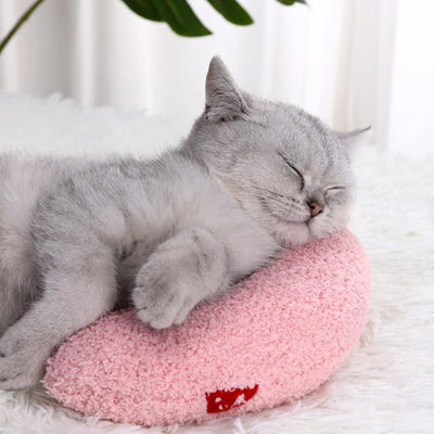 félin dormant sereinement sur son coussin banane pour chat de couleur rose
