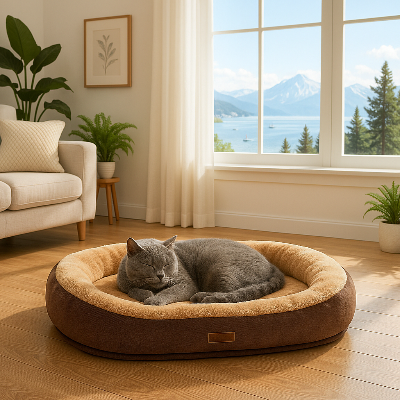 félin gris faisant sa sieste paisiblement sur son coussin chat accueillant