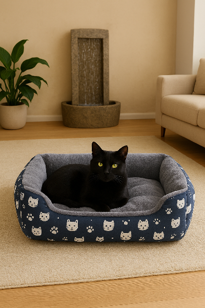 félin installé dans le salon sur son coussin chat confortable