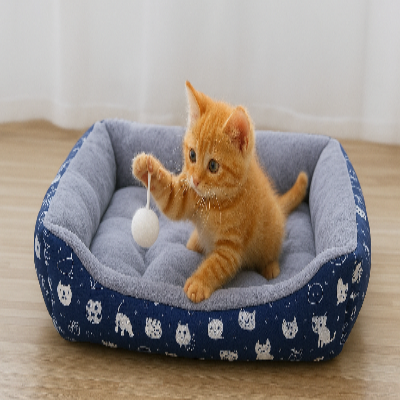 chaton jouant dans son coussin chat moelleux bleu