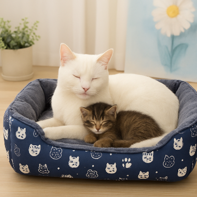 maman félin et son chaton dans leur coussin chat bleu