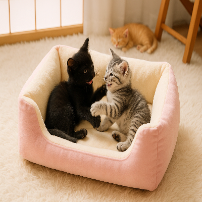 chatons jouant dans le lit chat rose