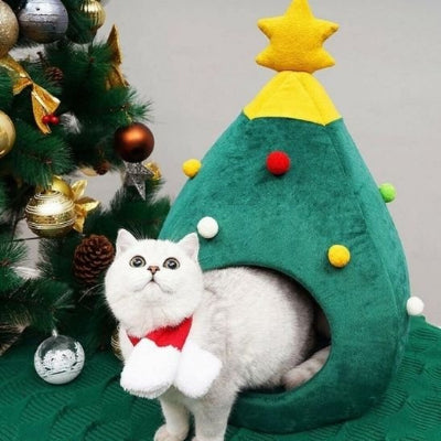 félin sortant du lit chat en forme de sapin de noël
