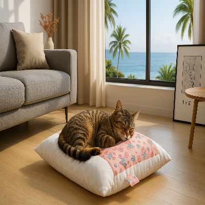 félin allongé sur son lit pour chat rose